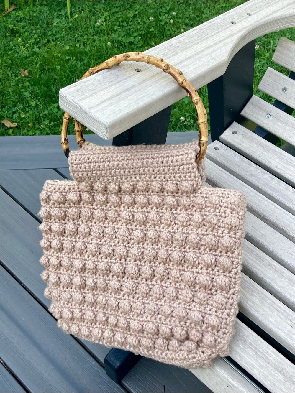 Vintage Handmade Crochet Yarn Purse Handbag with Bamboo Handles
